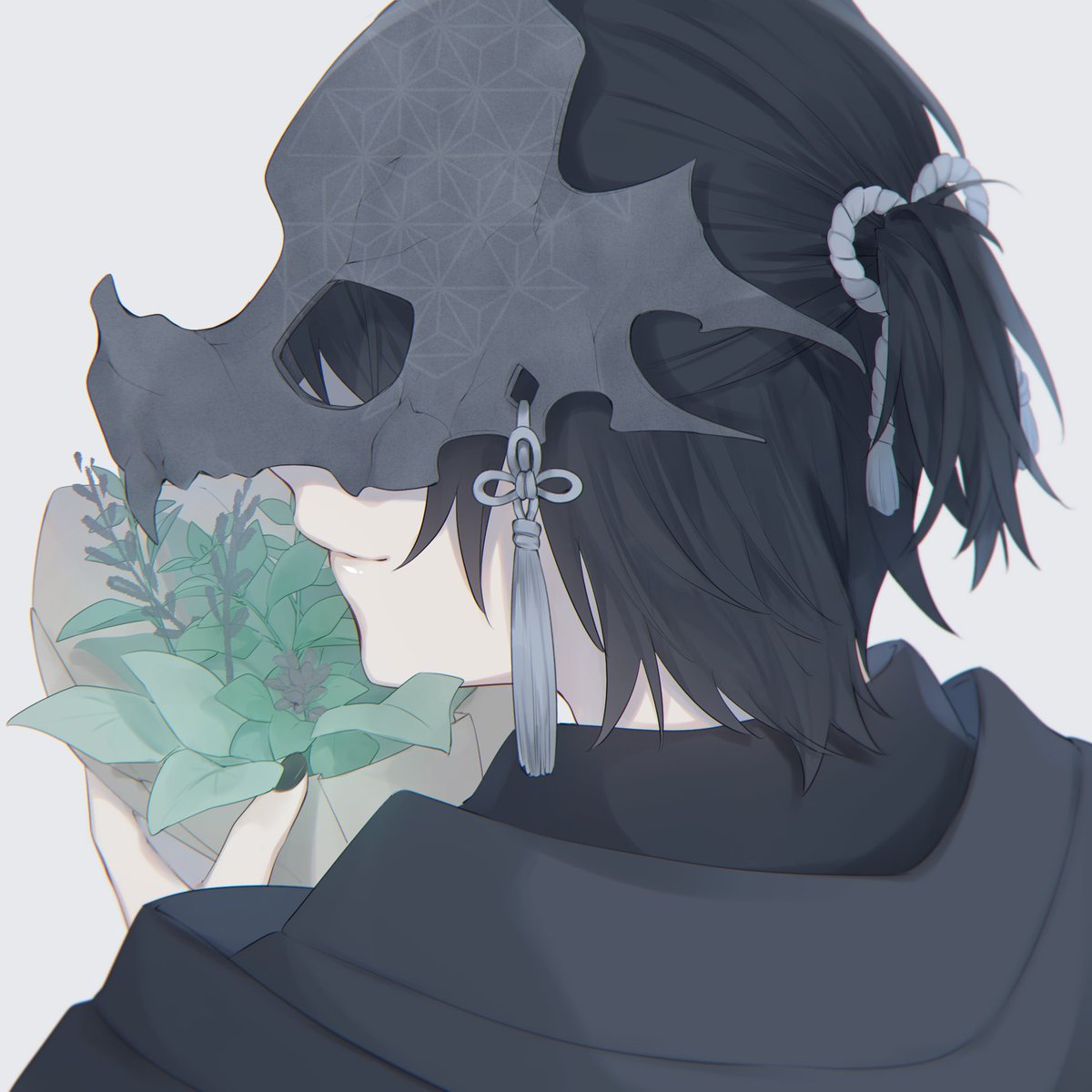 solo flower long hair tassel 1girl mask simple background  illustration images