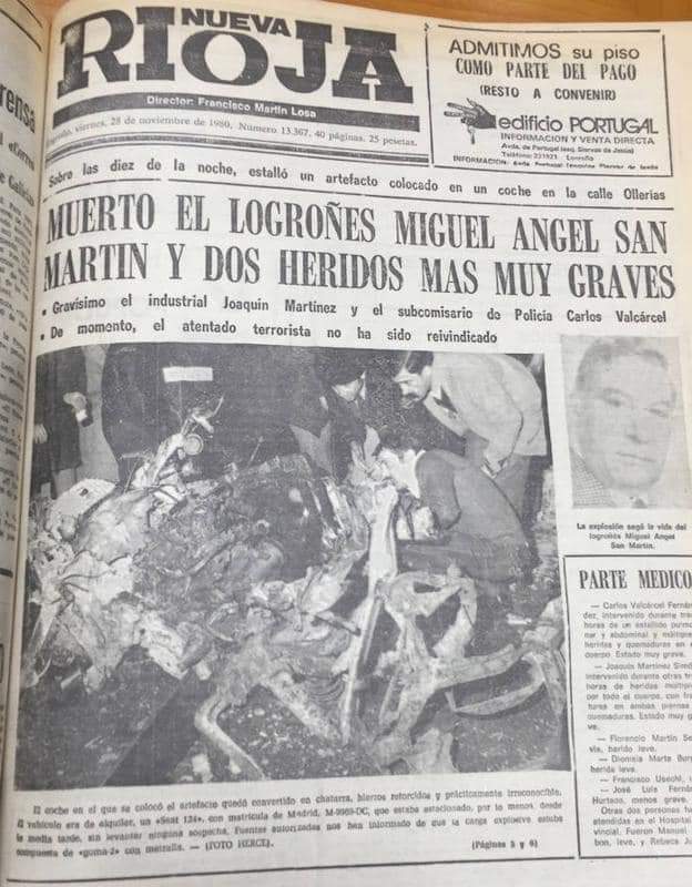 ConsuorF's tweet photo. ¿Sabías que #TalDiaComoHoy de 1980 #ETA asesinó en #Logroño con coche bomba a TRES AMIGOS que salían de tomar algo?

Miguel Ángel San Martín falleció en el acto, Carlos Fernández unos días después y Joaquín Martínez el 3 de enero, sólo se salvó el cuarto amigo.

Hilo ⤵️ https://t.co/JzWneIooFG