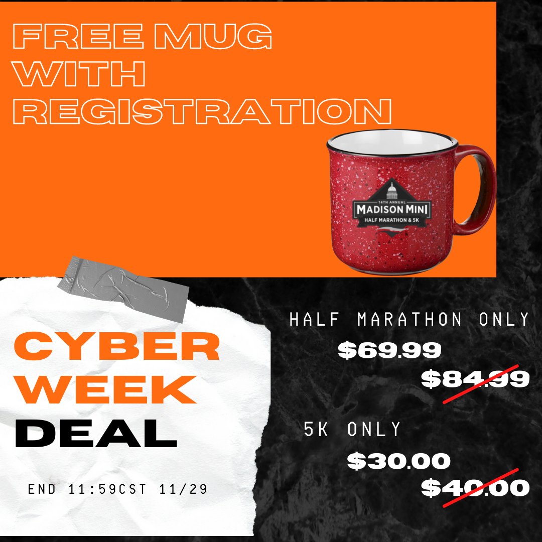 BLACK FRIDAY CYBER DEAL-2 days left
FREE CAMPFIRE MUG when you register for the
Madison Mini Marathon or 5K on July 23, 2022!
👟Race Protection Program- Race with Ease of Mind
👟Mini Marathon- $69.99
👟5K $30.00
DEAL ENDS 11:59CST 11/29/21
Register TODAY- buff.ly/34Kb0Z1