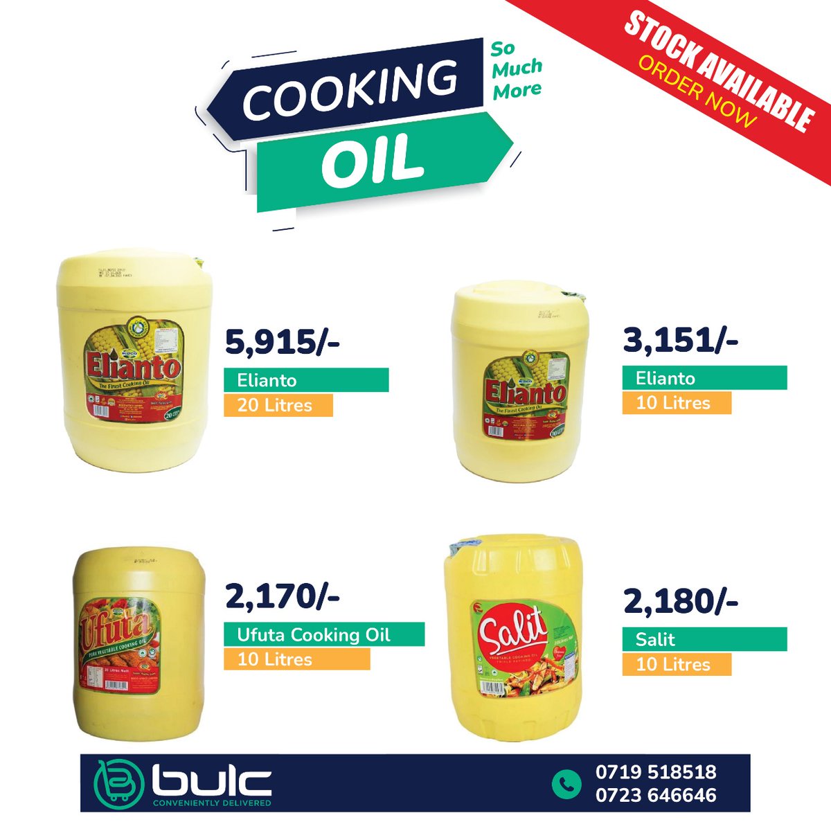 BulcFoodPlus's tweet photo. Cooking oil stock available now!

+ Elianto 20L
+ Elianto 10L
+ Salit 20L
+ Ufuta 10L

Visit https://t.co/AlluNrTCWv to order or call 0719 518 518/ 0723 646 646. 

#BulcWholesaleExperience https://t.co/wXO1jDo0G1