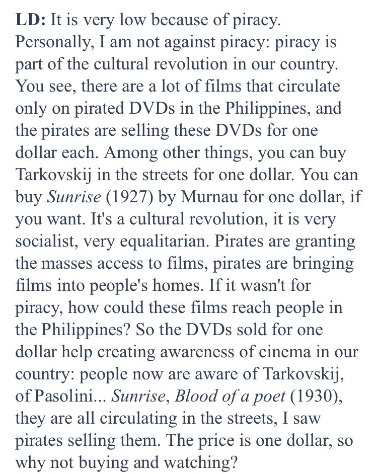 sinefiles's tweet photo. 📜 Lav Diaz on piracy

Source: https://t.co/mpoc8RXRCP https://t.co/fqRKzK6qc4