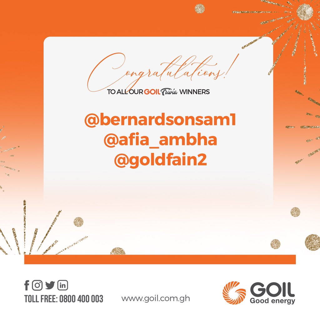 GOIL_Official's tweet photo. Congratulations to all our lucky winners from our Week 4 trivia! 🎉🎉🎉

Comment on this post and send us a DM with your full name and phone number.

#GOILTrivia
#Goodenergy
#GOIL https://t.co/nQck2Qb8LW