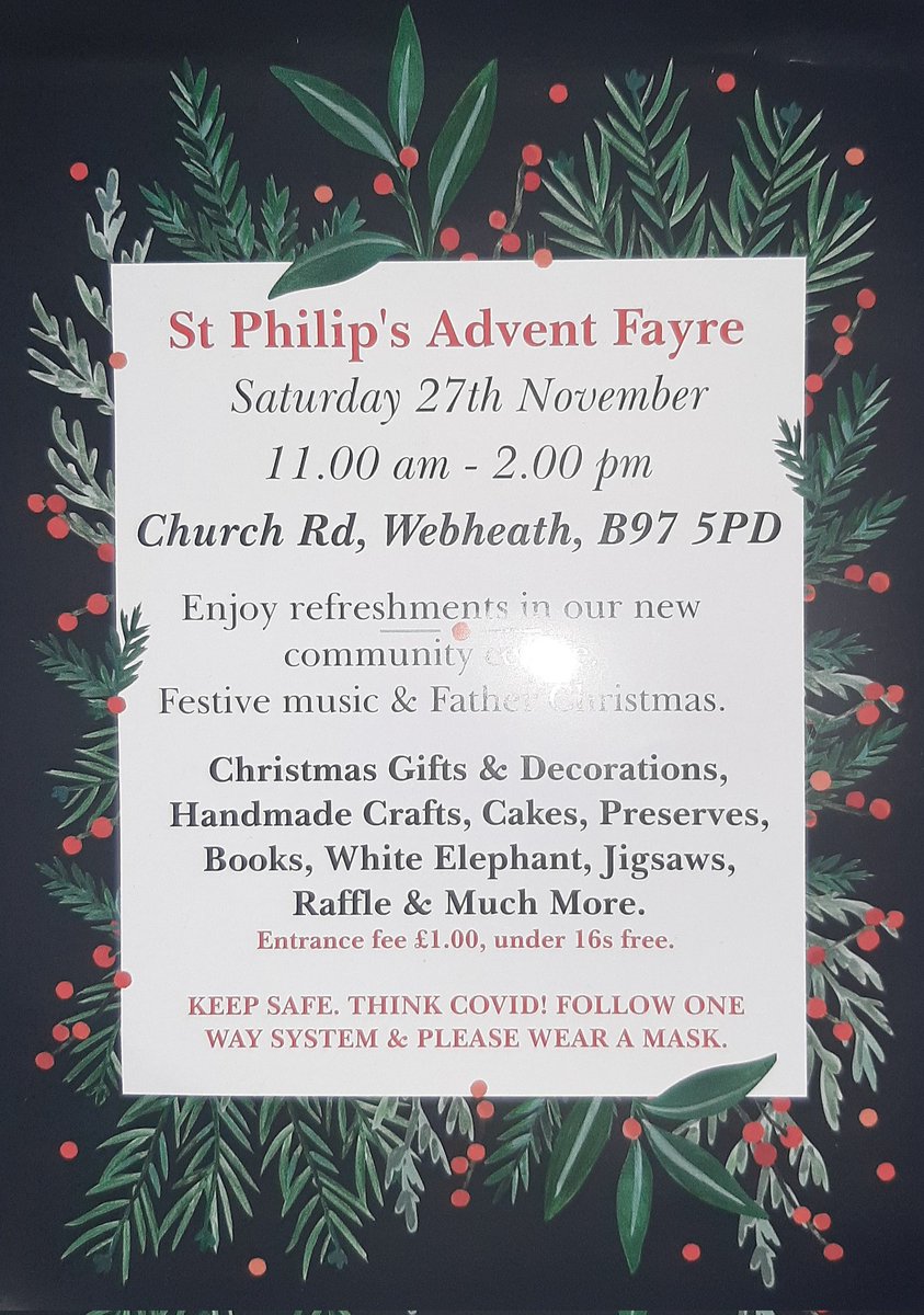 Come along to the Advent Fayre at St Philip's Church in Webheath today, and enjoy some Christmas carols from the Arrow Vale Singers! 🎶🎄 We'll be singing from 11.30am for about 30-45 minutes, and then again after a short break for refreshments. We'd love to see you! #Redditch