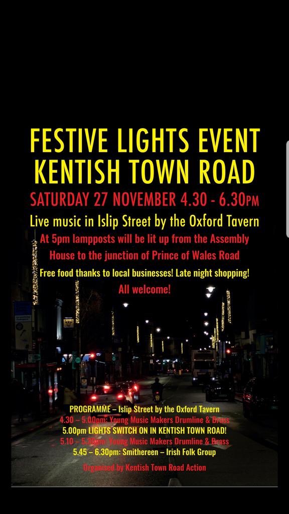 It’s today! Kentish Town Christmas Lights switch on whatever the weather! Lots of local businesses offering discounts and free mince pies and nibbles. Big thank you to @Chestertons for their financial support