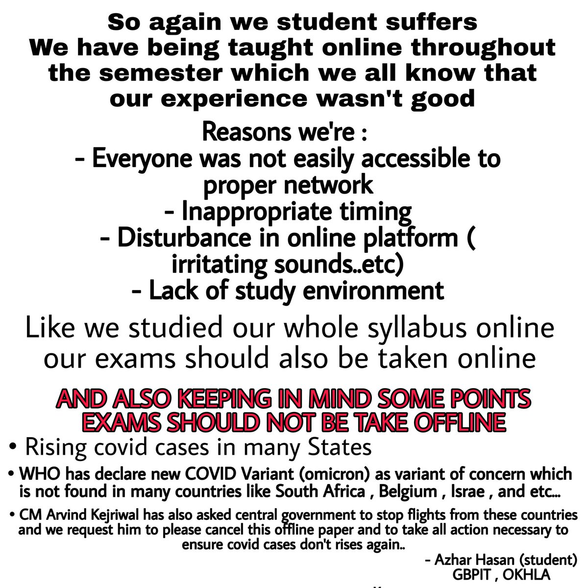 rupanshu002's tweet photo. So again we student suffers..
I request 
@ArvindKejriwal
 
@msisodia
 
@CMODelhi
 to cancel the offline BTE exams keeping in mind the new covid variant which is a Variant of concern (says WHO) #bte_exam_online_lo #dsui #OmicronVariant #covidvariant https://t.co/2srJUd14aT https://t.co/rA7LmSlX0y