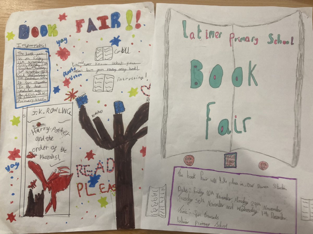 latimerprimary's tweet photo. What amazing homework @ClassVC produced this week to help Latimer promote their book fair. Fabulous! #Latimercommunity #creative https://t.co/KPVrXQFDbw