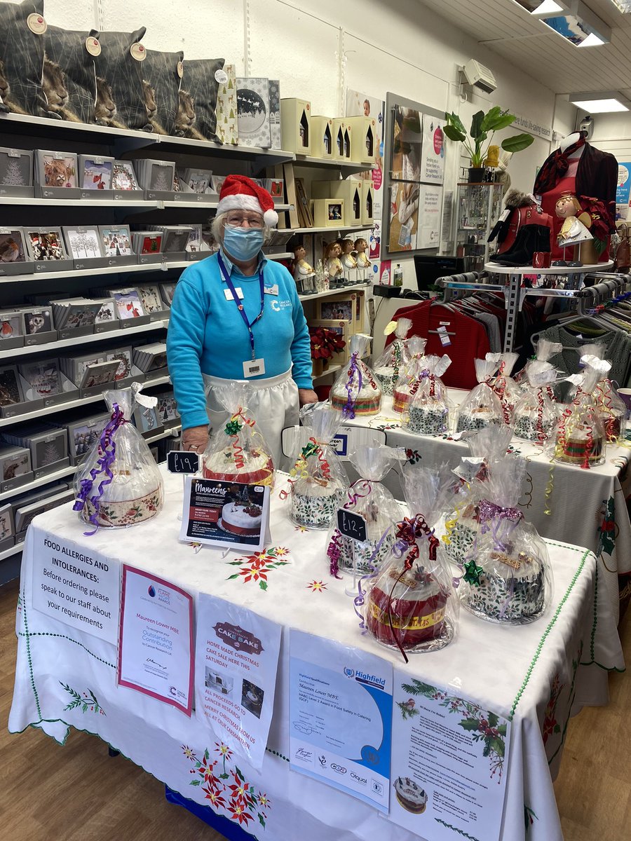Today at <a href="/CRUKTenby/">CRUK Tenby Shop</a> we have the lovely Maureen and her exceptional Home Made #ChristmasCakes!! Come and get yours now, with all proceeds being donated to <a href="/CR_UK/">Cancer Research UK</a> 
We also have our light switch on and Santa stopping by here in #Tenby today, lots of festive fun 🎄open till 6!!