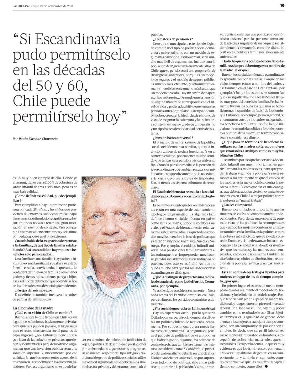 Les comparto mi entrevista en a  uno de los mayores referentes sobre el Estado de Bienestar, el sociólogo danés, Gosta Esping Andersen: “Si Escandinavia pudo permitírselo en las décadas del 50 y 60, Chile puede permitírselo hoy” 
Pase y lea #LTSabado