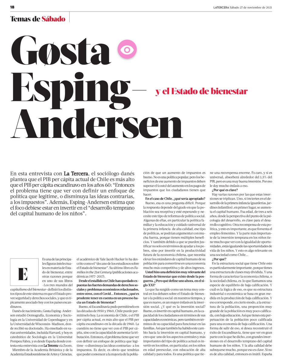 paulaescobarch's tweet photo. Les comparto mi entrevista en a  uno de los mayores referentes sobre el Estado de Bienestar, el sociólogo danés, Gosta Esping Andersen: “Si Escandinavia pudo permitírselo en las décadas del 50 y 60, Chile puede permitírselo hoy” 
Pase y lea #LTSabado https://t.co/eZOfzPHGjd https://t.co/iL73r2eeUP