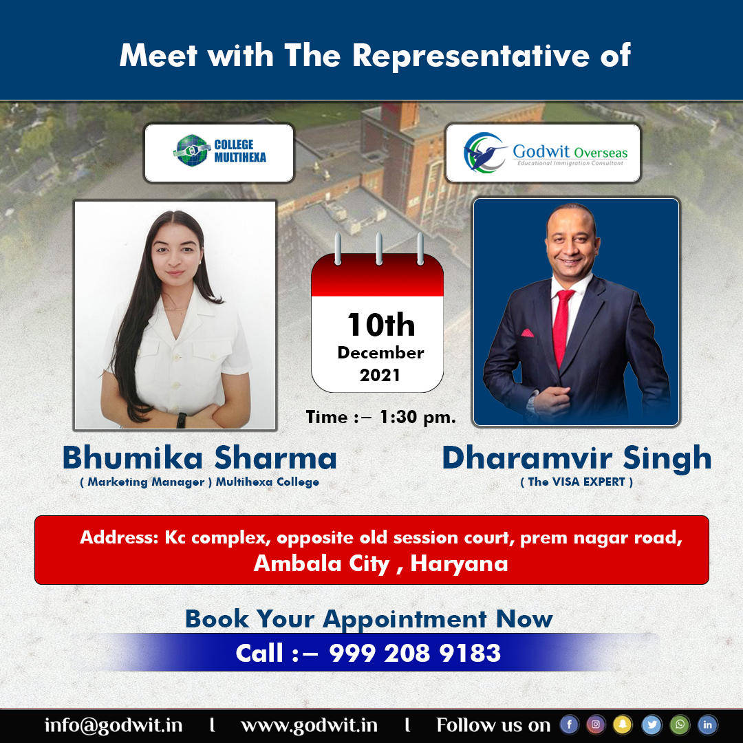 Godwit_edu's tweet photo. Meet with the Representative of #Multihexa College
Bhumika Sharma & The #Study VISA Expert Mr. Dharamvir Singh
Get Free #Counselling from the #Experts
in Ambala
Address: Kc complex, opposite old session court, prem nagar road,
#Ambala City , #Haryana
Call :- 999 208 9183 https://t.co/xyr61fzr9T