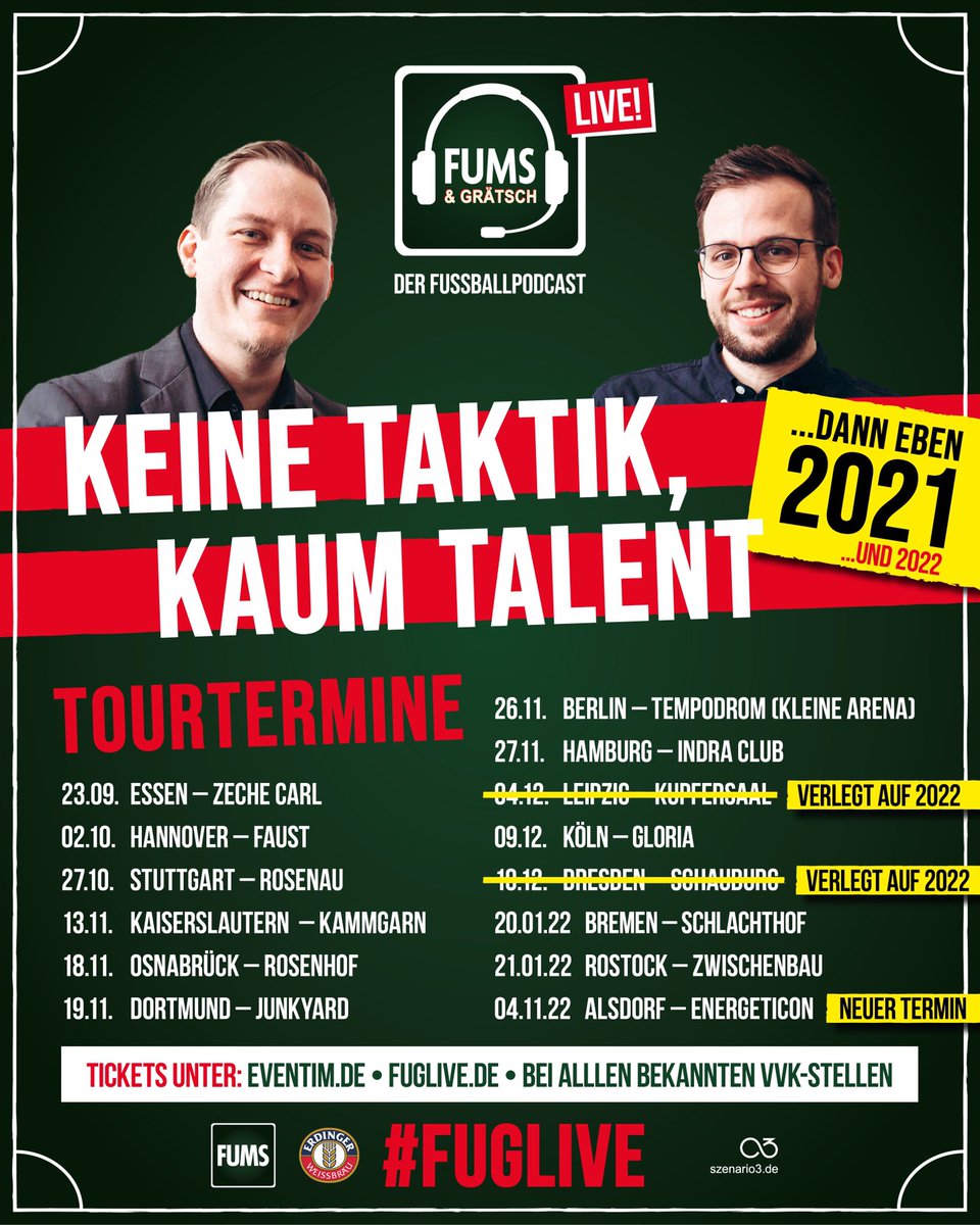 FUMS_DIESHOW's tweet photo. Aufgrund von behördlichen Veranstaltungsverboten werden die Shows in Leipzig und Dresden auf 2022 verschoben – wir arbeiten mit Hochdruck an neuen Terminen! Leider müssen wir in dem Rahmen auch Alsdorf verschieben. Hier habt ihr noch ein Jahr Zeit, Euch auf #FUGLIVE zu freuen 🙌 https://t.co/Lv8CQTlMR8
