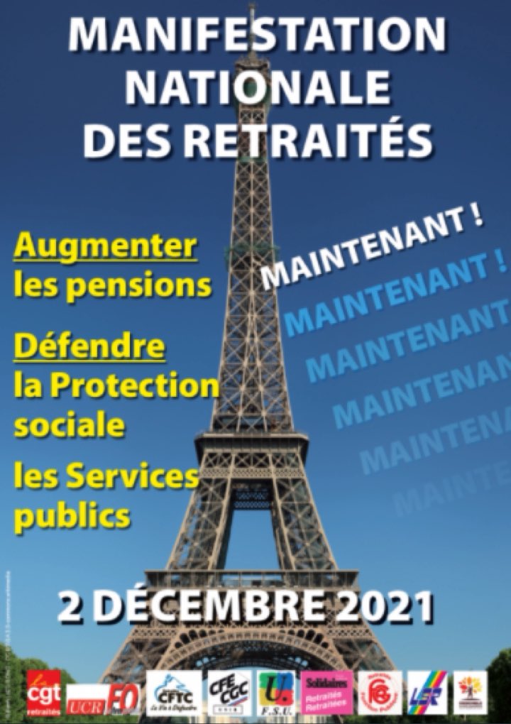 SMIDEFCFECGC's tweet photo. L’Union Nationale Interprofessionnelle des Retraités (UNIR) @CFECGC manifeste le 2/12/2021 (manif nationale intersyndicale) pour : leur pouvoir d’achat, la défense de la protection sociale, le soutien au service public https://t.co/IaZRhhoine