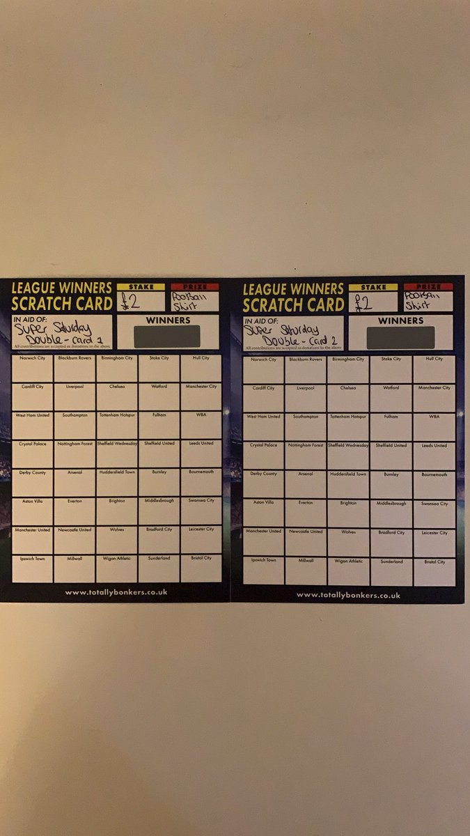 Today’s raffle - Super Saturday Double card!

For £2, you get a square on each card and when both cards are full we will reveal the winners (meaning you have two chances of winning). 

Maximum of five squares on each card! 

Prize selection will go up shortly… 😁⚽️👕