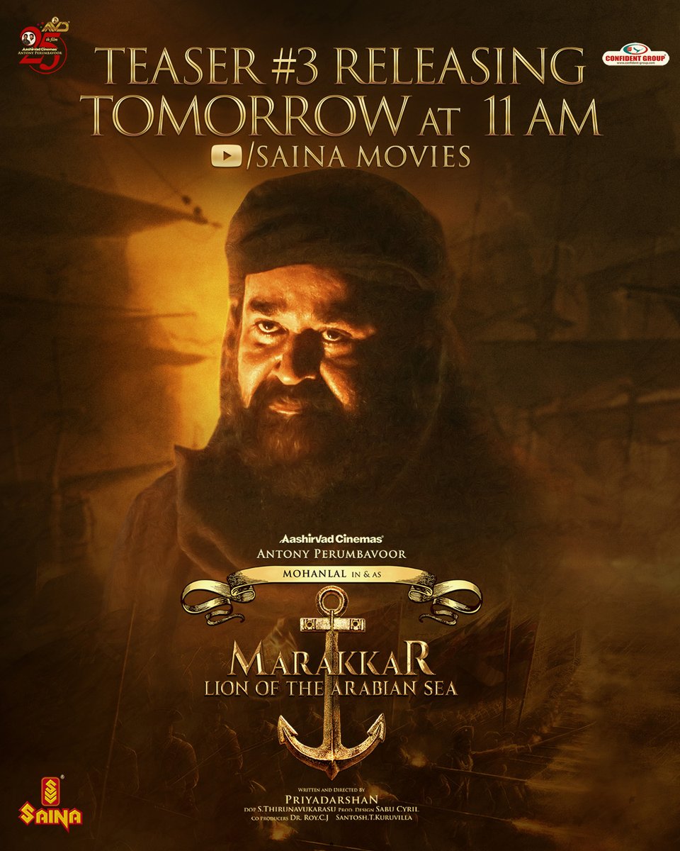 SainaVideos's tweet photo. Teaser #3 Releasing tomorrow at 11 am on Saina Movies. Stay tuned to witness a 40-second Visual treat from the Marakkar Lion of the Arabian Sea.
โถ https://t.co/EN1hD0S9Ux
@Mohanlal @priyadarshandir @aashirvadcine
#MarakkarFromDec2nd #Mohanlal #Priyadarshan #SainaVideo https://t.co/pjB4pORGA1