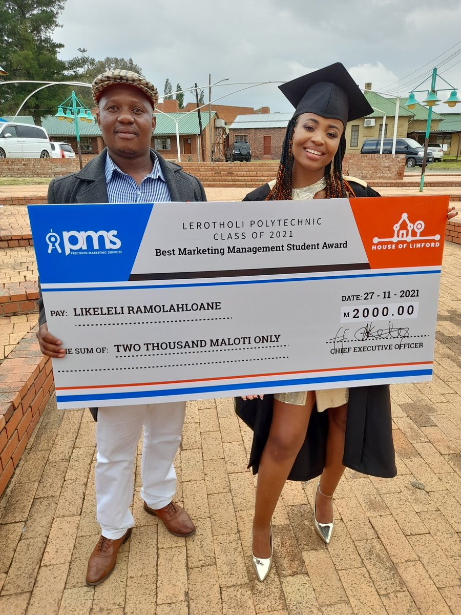 TheReporterLS's tweet photo. Likeleli Ramolahloane receiving a M2 000 cheque award from Precision Marketing Service &amp; House of Linford for being the Best Marketing Management graduate at Lerotholi Polytechnic. https://t.co/YE7ub61Asv