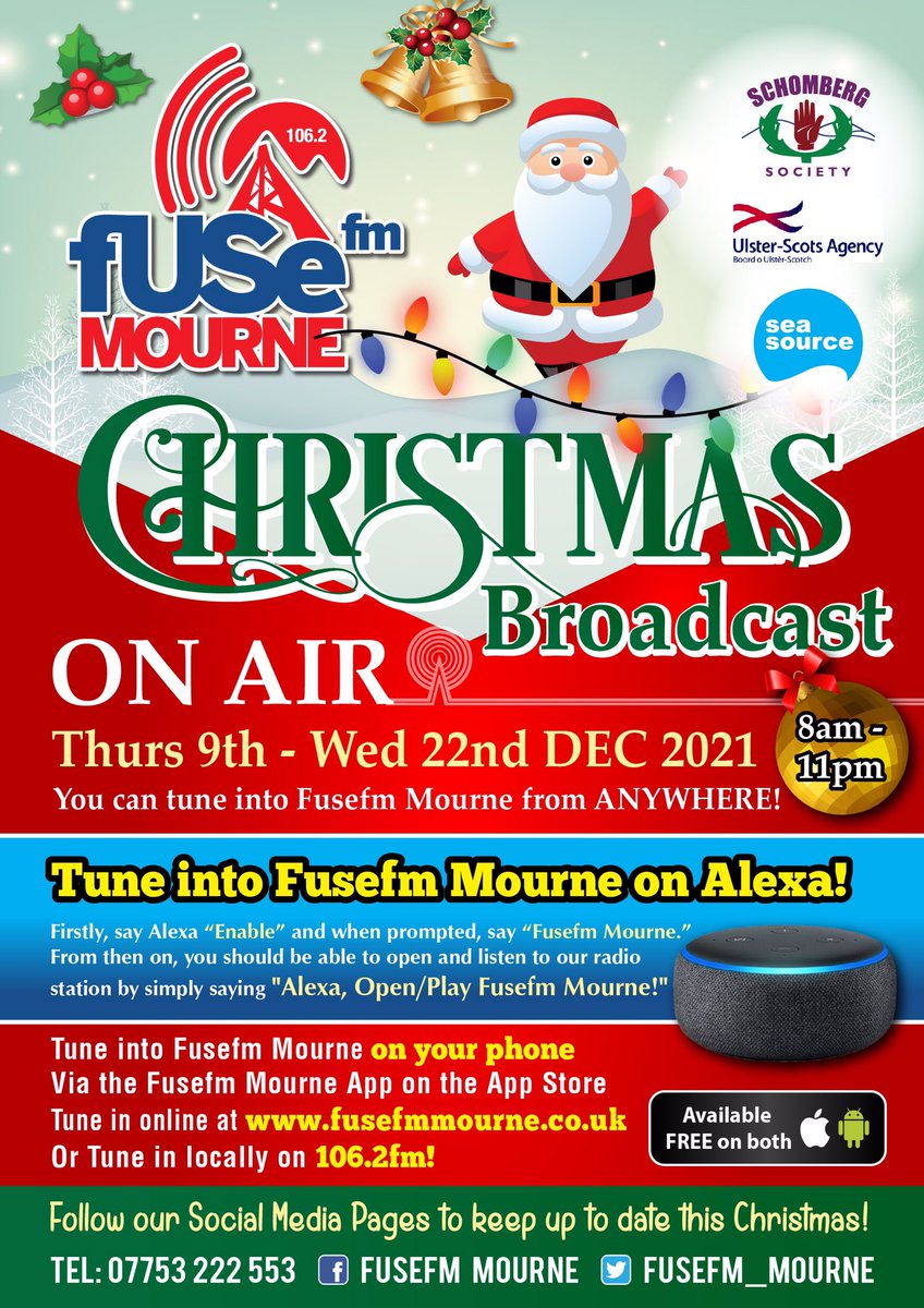 We’re delighted to announce that Fusefm Mourne Radio will be returning again this Christmas from THURSDAY 9TH - WEDNESDAY 22ND DEC 2021!

You will be able to tune into #Fusefm #Mourne locally on #106.2fm, online at fusefmmourne.co.uk, via the FuseFM App or via the Alexa!