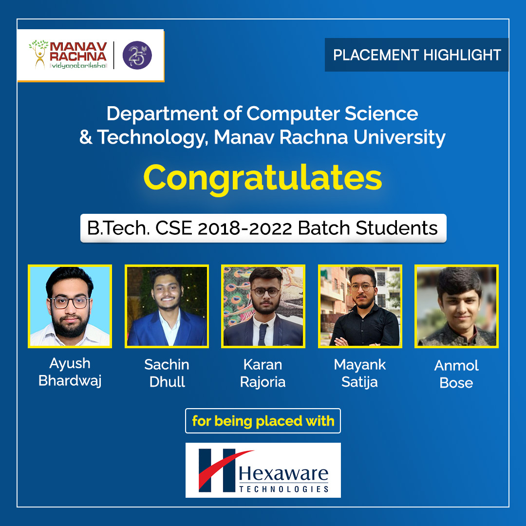 manav_rachna's tweet photo. Department of Computer Science &amp; Technology, Manav Rachna University, congratulates https://t.co/apHgppo6at. CSE 2018-2022 Batch Students for their placement. 

@HexawareGlobal 

#CampusPlacement #PlacementHighlight https://t.co/jSnBpNKTZS