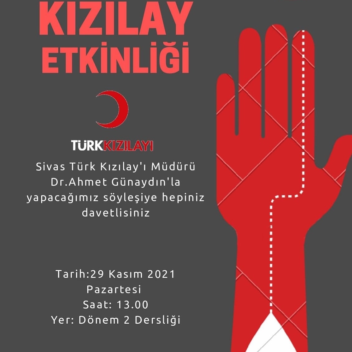 CutbatSivas's tweet photo. 🥳 Herkese merhabalarr! 🥳

📌 29 Kasım 2021 Pazartesi günü saat 13.00 da Dönem 2 dersliğinde konuğumuz Türk Kızılayı Sivas Kan Bağış Merkezi Müdürü Dr. Ahmet Günaydın ile yapacağımız söyleşimize davetlisiniz.💉💉 https://t.co/jJLfvEa09w