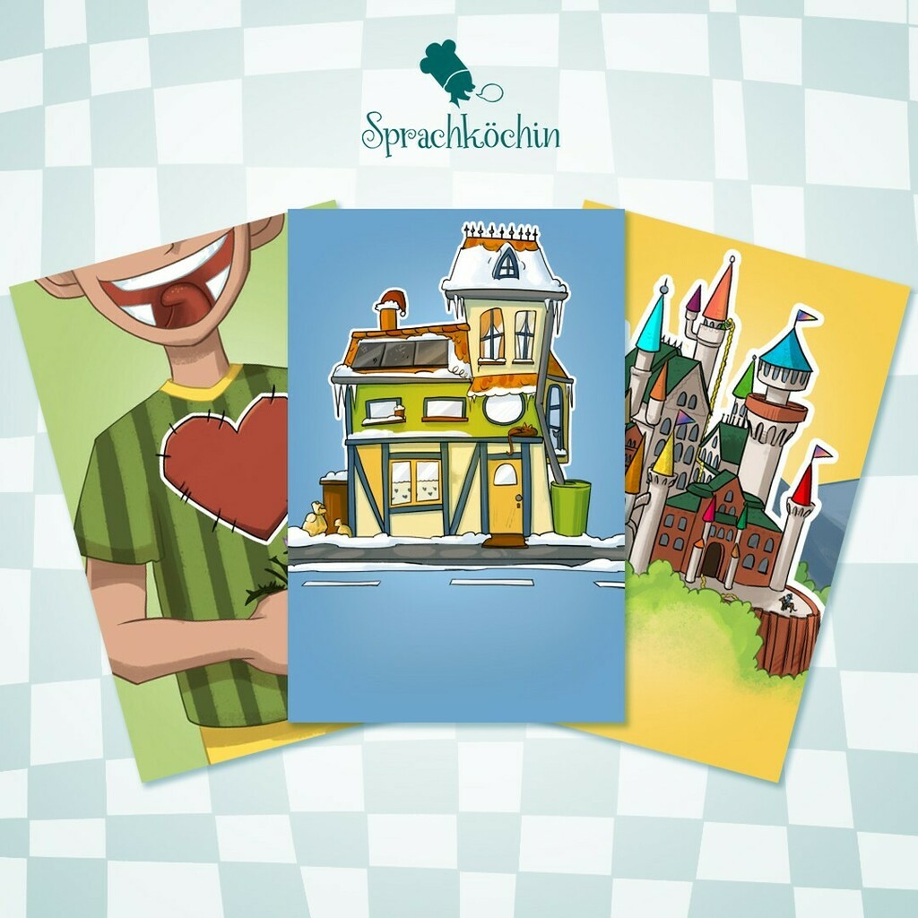 (client work) I did these word cards for "Sprachköchin" to be used for speech therapy. I strived to make these as pleasing as possible and while staying on topic, also add a little bit of extra flavor and details to get kids in speech therapy talking (or simply enjoying) the…