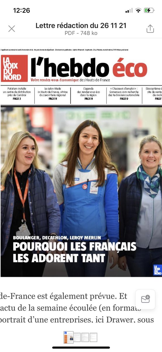 Dès lundi. Avec ⁦<a href="/lavoixdunord/">La Voix du Nord</a>⁩ .Un traitement hebdo de l’actu éco des HdF complet et pertinent, côté… « verre à moitié plein ». Ça part fort,avec le carton des champions régionaux ⁦<a href="/Decathlon/">Decathlon</a>⁩ ⁦<a href="/leroymerlinfr/">Leroy Merlin</a>⁩ ⁦<a href="/boulanger/">Boulanger</a>⁩ entrepr préférées des français