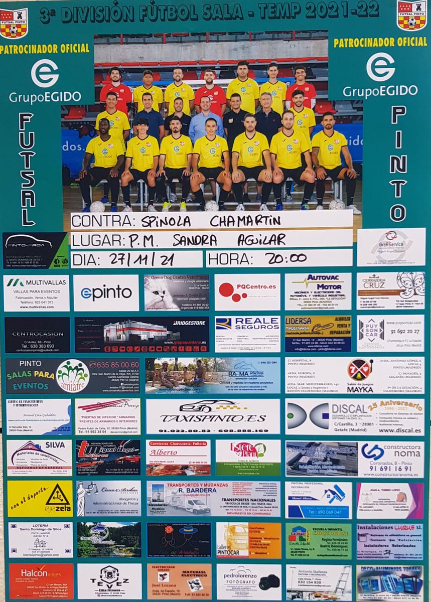 Hoy se disputa una nueva jornada de nuestro #3ªDivisión, enfrente un equipo muy complicado y bien preparado, se espera un partidazo donde estamos seguro que los nuestros van a dar todo en la pista para dejar los 3 puntos en casa.

#VamosPinto 💛

🗣 ¡ 1,2,3… Pinto ! 💪🏻