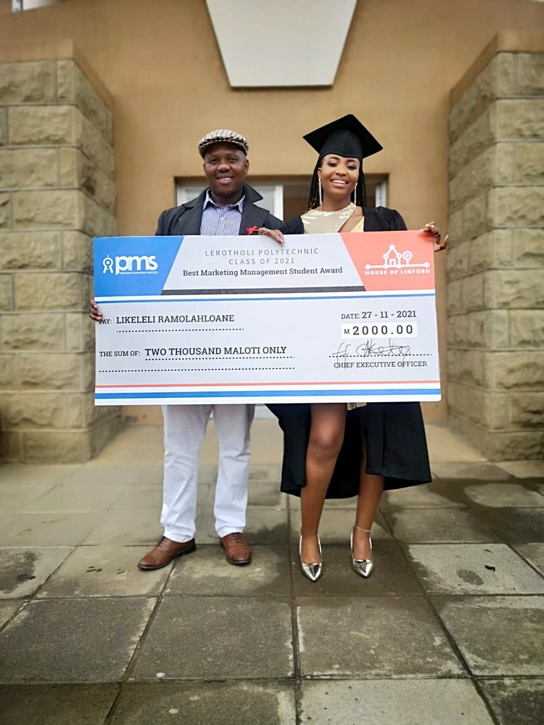 PMS_LSO's tweet photo. At it again valuing excellence at Lerotholi Polytechnic. We partnered with @LinfordVodka to award the Best Marketing Management student. 

Ms. Ramolahloane will not only receive M2000.00, but she will also be attached under #HouseOfLinford as a Marketing intern. Congrats! 💙🧡 https://t.co/RP81dgjkBB