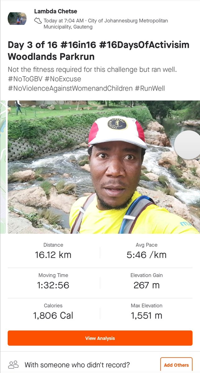 saChetse's tweet photo. Day 3 of 16 #16in16 #16DaysOfActivisim Woodlands #Parkrun not the fitness required for this challenge but ran well. #NoToGBV #NoExcuse
#NoViolenceAgainstWomenandChildren #RunWell https://t.co/b6omnyCzLQ