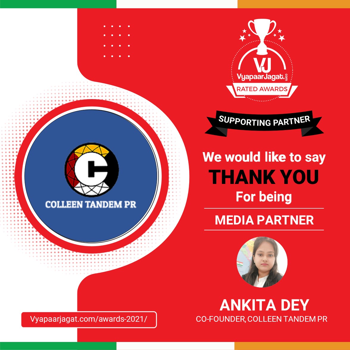 VyapaarJagatcom's tweet photo. We would like to say THANK YOU Collen Tandem PR for being our Media Partner.
Gratitude for your support!
#MeraVyapaarMeriPahechan #PartnerWelcome #vyapaarjagat #vjca2021 #awards2021 #vyapaarjagatawards #businessawards #india https://t.co/2KJOpwUZ5h