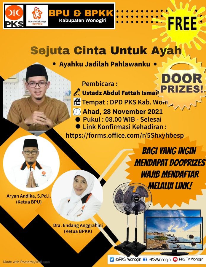 PKSWonogiri's tweet photo. Ini dia yang kita tunggu, Puncak peringatan Hari Ayah tahun 2021, Kerja bareng BPKK dan BPU DPD PKS Wonogiri. Yuk.. buruan daftar ! peserta terbatas, oiya ada Doorprizenya 😄🙏 https://t.co/BCX5zuQfl8