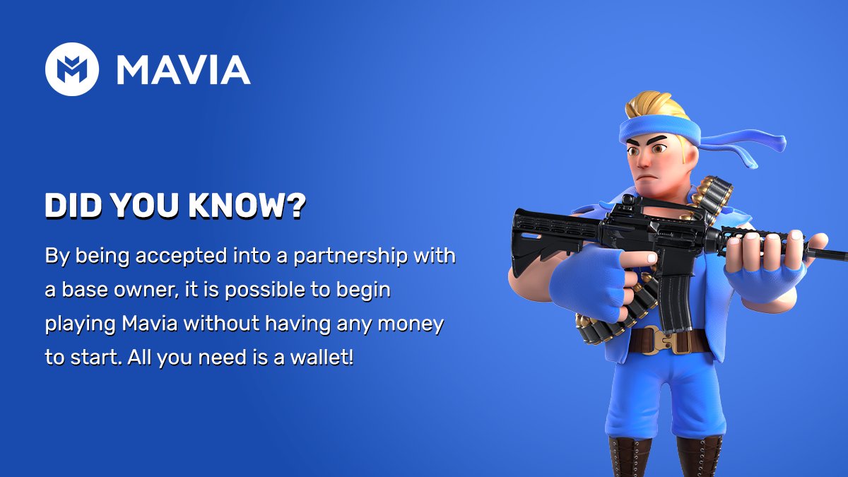 MaviaGame's tweet photo. Did You Know - By being accepted into a partnership with a base owner, it is possible to begin playing Mavia without having any money to start with.
All you need is a wallet!

#NFT #GameFi  #Crypto  #Mavia  $MAVIA https://t.co/nNUMLCh850