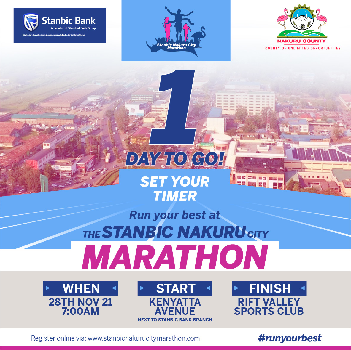 StanbicKE's tweet photo. 1 day to go!
D-Day is here, and the race is so close we can taste it!
Letβs make history tomorrow as we ran alongside the best to ever do it on the track.
Itβs not too late to register, click here: https://t.co/Z6bQuKw8L3
#StanbicNakuruCityMarathon
#RunYourBest
#ItCanBe https://t.co/ChoUr1U8BN