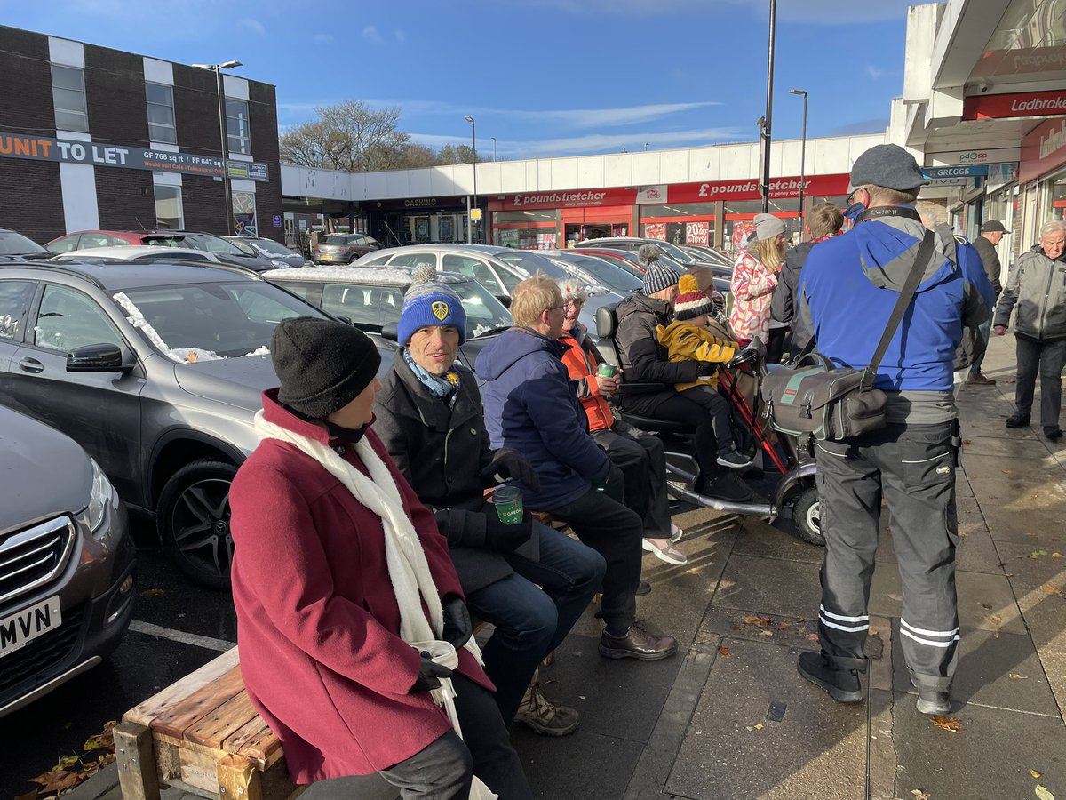 CentreFairfield's tweet photo. Even Storm Arwen and the Arctic cold couldn’t stop the Benches Protest at Bramley Shopping Centre today! Every Saturday until James Buchanan and @LCP_Group see sense and return all of the seating they removed with zero consultation! West Leeds @LCP_Group @bramleybaths @BARCALeeds https://t.co/pUomDEERLq