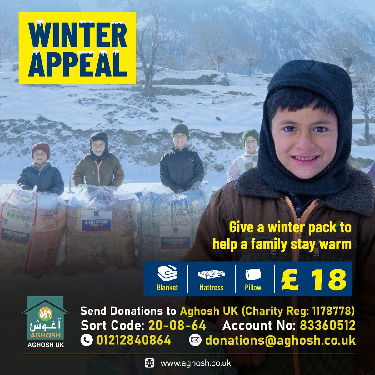 aghosh_uk's tweet photo. From last few years, Aghosh UK has been distributing warm clothes, quilts, and mattresses' among needy families across the country in every winter season to protect the troubled people from harsh weather.
Help now https://t.co/VOub4Y2FC8
#wintercharity  #donatecharity  #aghoshuk https://t.co/g3k8LzqxrV