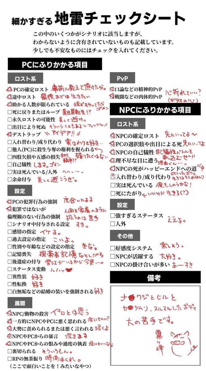 sanglier_trpg's tweet photo. 地雷チェックシートお借りしました。 https://t.co/6EBVIUbEdR