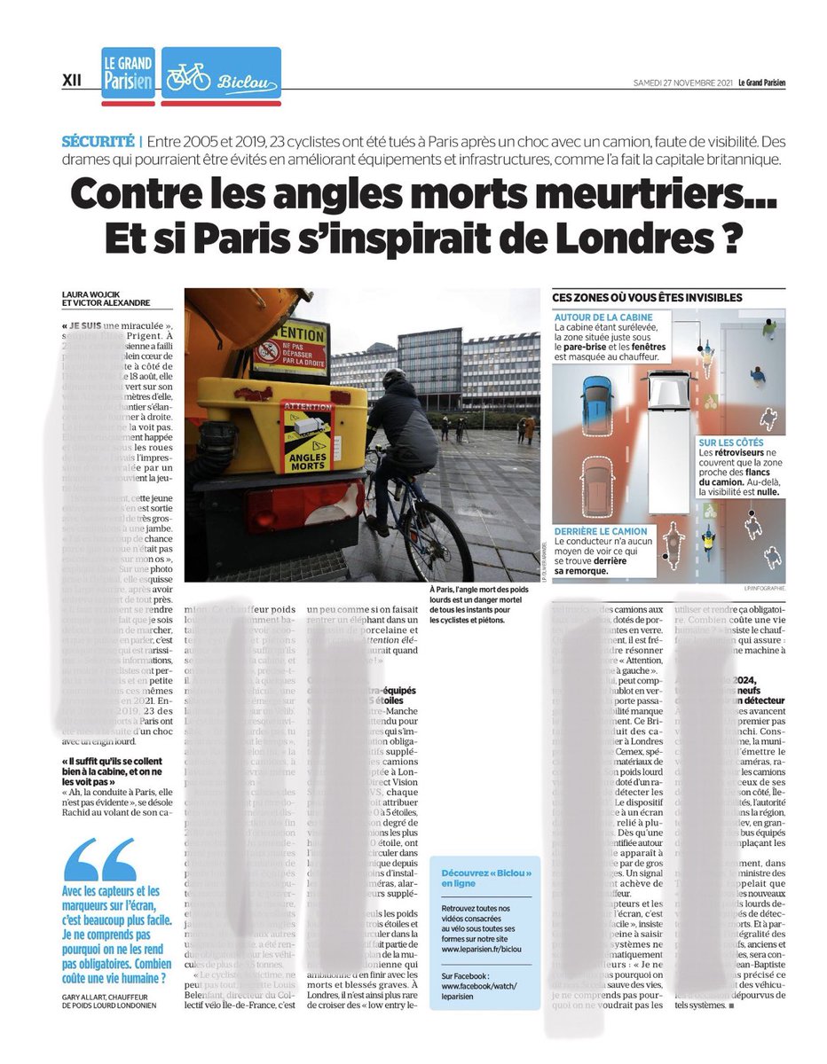 Dans <a href="/le_Parisien/">Le Parisien</a> du jour, une page consacrée aux solutions londoniennes pour en finir avec les décès de cyclistes percutés par des poids lourds. C’est dans votre cahier Le Grand Parisien 😉