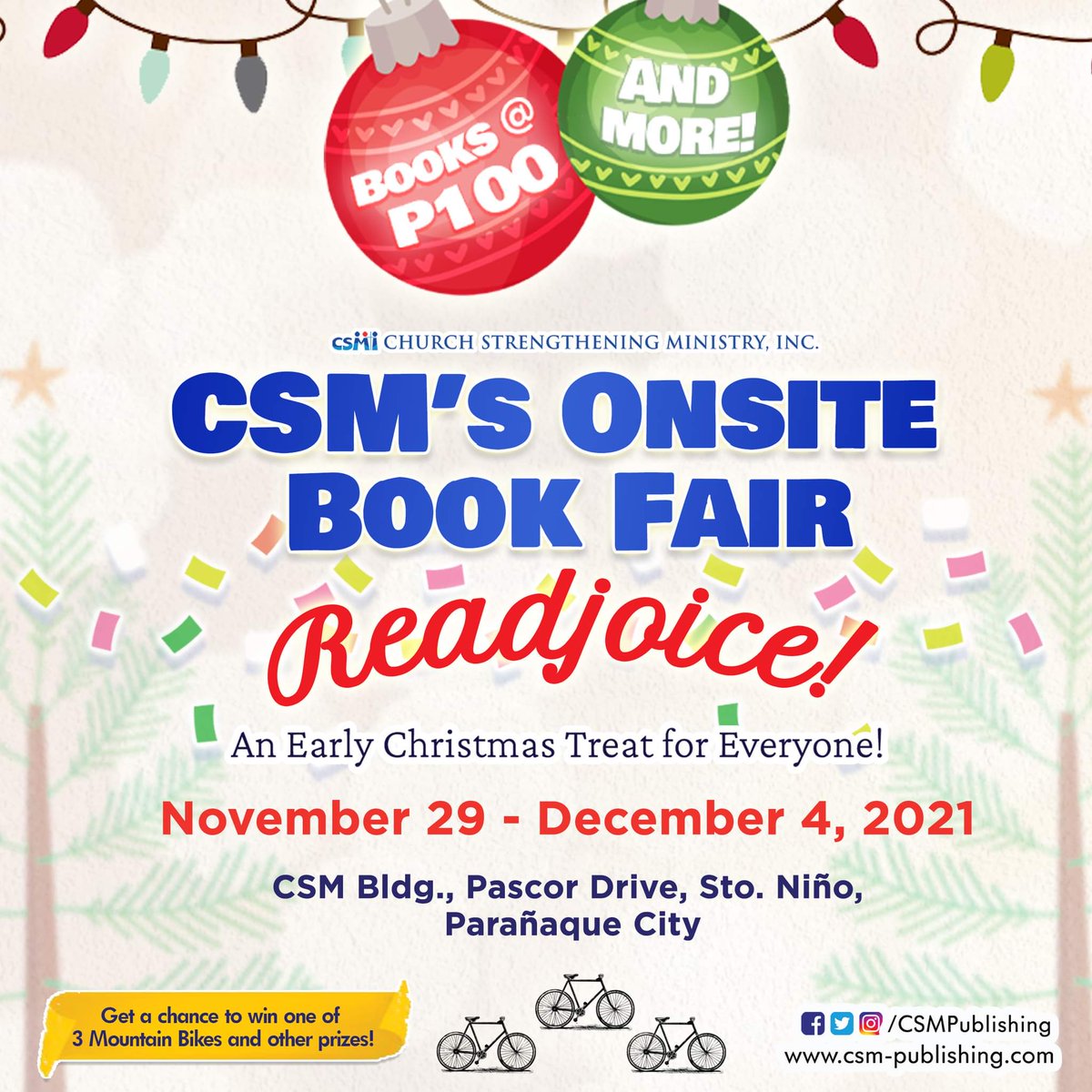 CSM will open its doors for you! Join us during READJOICE ONSITE BOOK FAIR at CSM Building, Pascor Drive, Sto. Niño, Parañaque City from November 29 to December 4, 2021. 🛒✨

#CSMPublishing
#CSMOnsiteBookFair
#ReadjoiceOnsite
#100andMore