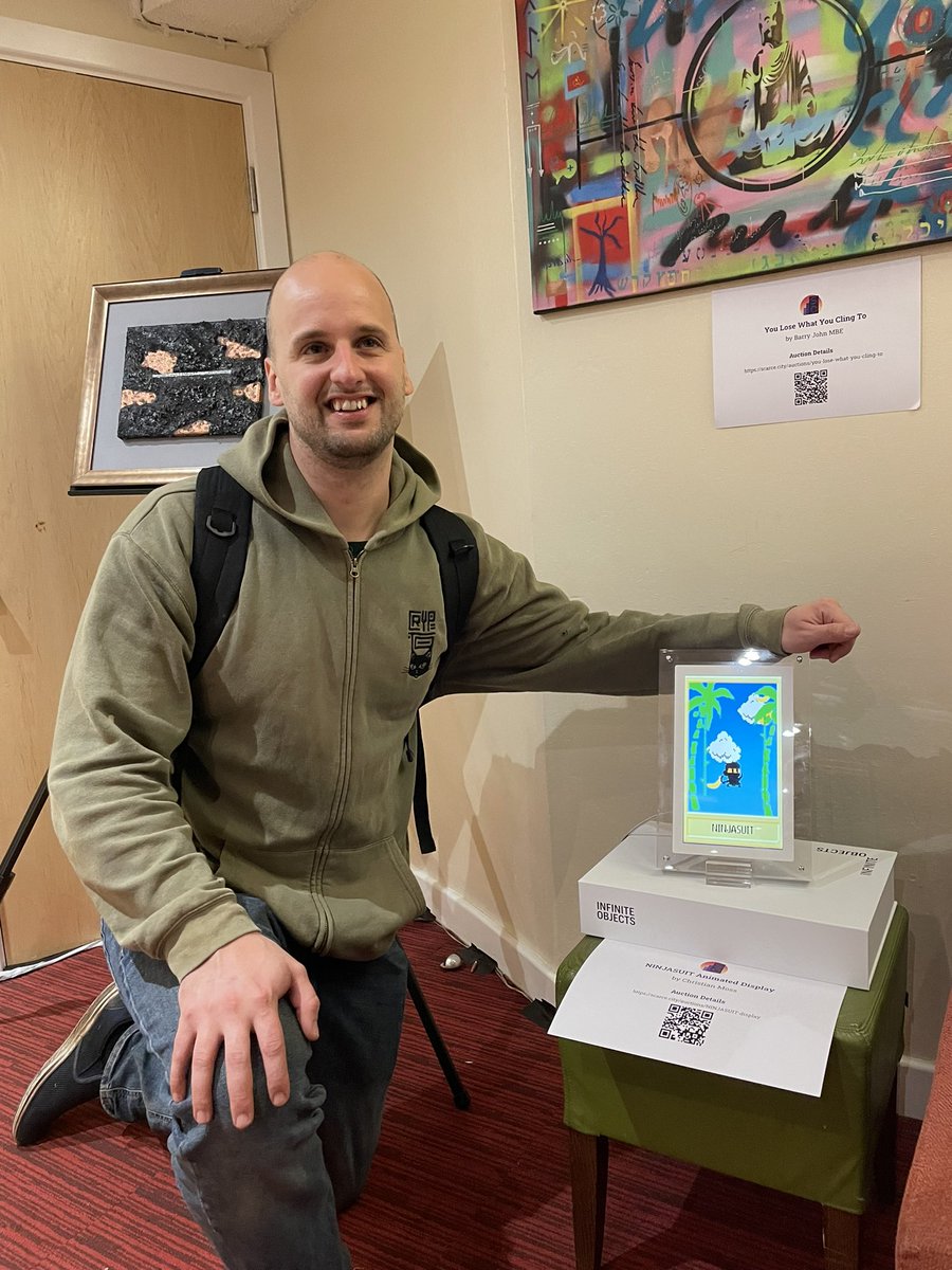 zbdpay's tweet photo. The OG himself, @MandelDuck, next to the physical animated representation of his SaruTobi NFT on auction at @CoinFestUK. Never in 21M years did anyone imagine these Counterparty antiques would be auctioned off for thousands one day! https://t.co/ZTVLD1wvCY