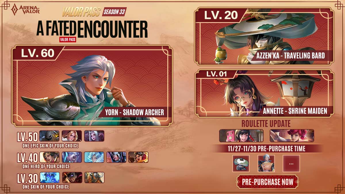 ArenaofValor's tweet photo. Valor Pass 33 is now available for pre-purchase! Pre-purchase now to receive Shrine Maiden Annette, then level up your Elite Pass to receive Traveling Bard Azzen'Ka, Shadow Archer Yorn, and additional rewards!
Who else will we see at Valor Pass level 60? 😎 #ArenaofValor #VP33 https://t.co/4mHtTXvDz6