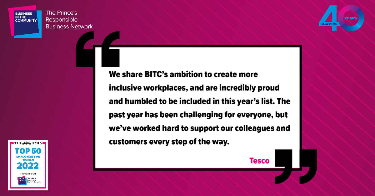 BITC's tweet photo. The #TimesTop50 Employers for Women celebrates orgs that are making #GenderEquality a priority. Apply now to be included on the 2022 list: https://t.co/6FyetvshyL

@tesconews https://t.co/piVmkgdpza