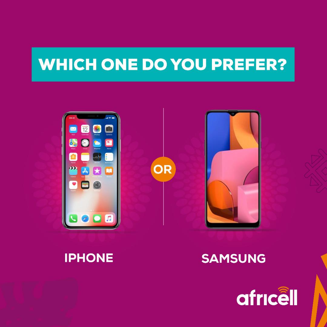 AfricellGM's tweet photo. Which do you love 💜 the most❓

Iphone or Samsung❓

Let us know in the comment section below which one you prefer and why❗️

#AfricellGM
#ThisOrThat
#AfricellLovesTheGambia https://t.co/WAhcQkJFlR