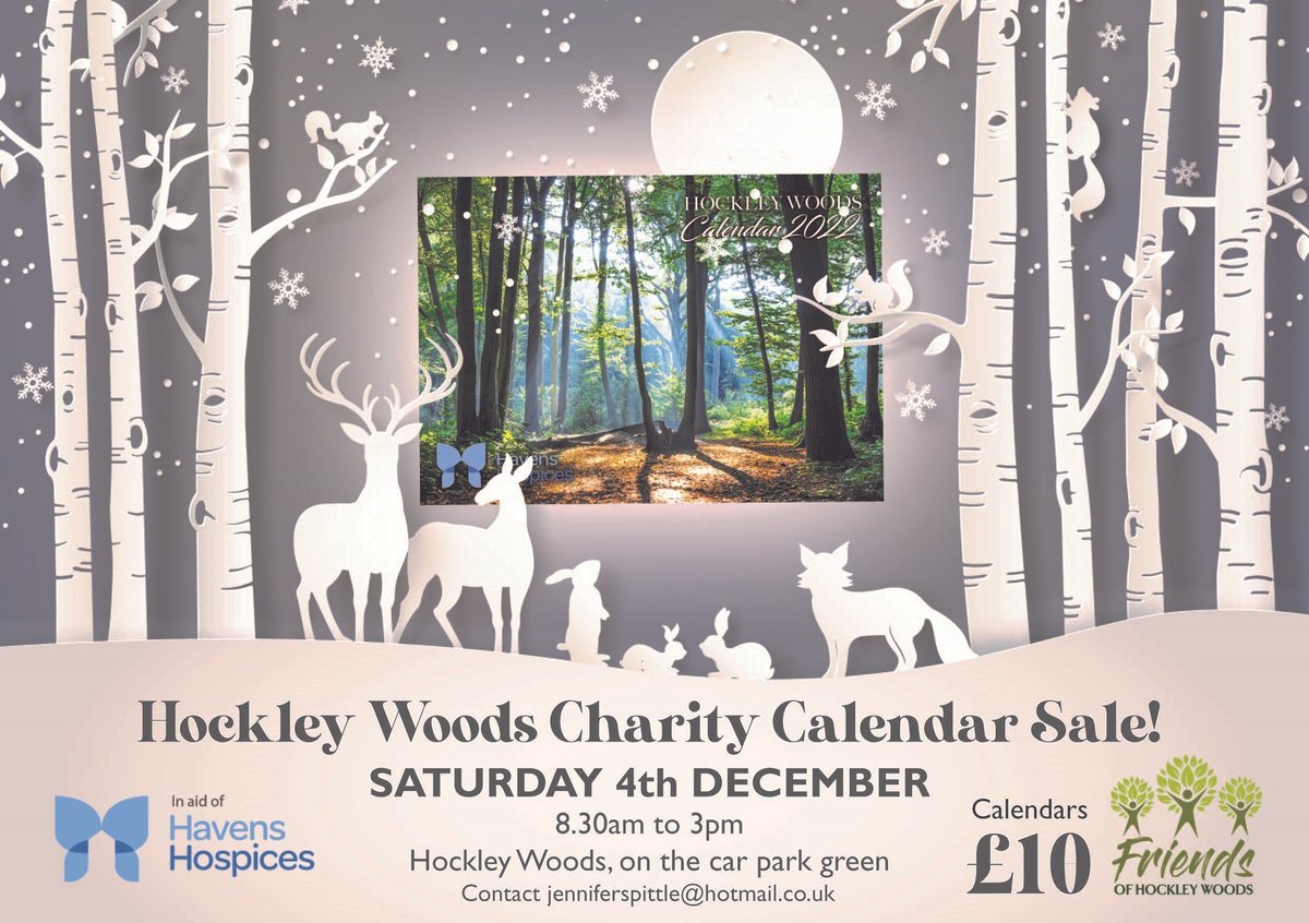 RochfordDC's tweet photo. Come down and take a nice winter stroll in our beautiful Hockley Woods and then take home one of these wonderful calendars in aid of Havens Hospices.

It's £10 with all profits given to Havens Hospice.

Saturday 4th December

8:30am - 3pm https://t.co/erflHUxAtI