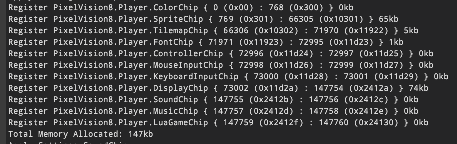 pixelvision8's tweet photo. This new #PixelVision8 memory map is starting to shape up. Still cleaning up a few things but each chip now registers its memory allocation and I am starting to track the total memory. Hard to keep memory low with support for 256 colors per pixel. #screenshotsaturday https://t.co/GzxYw8OYgh