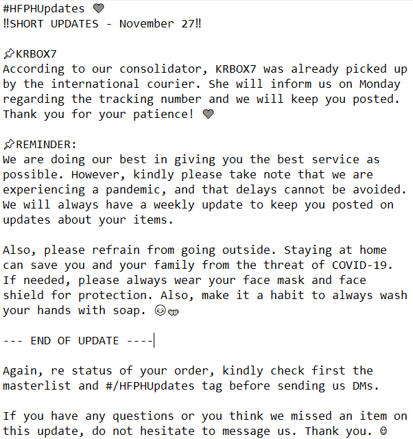 HallyuFinePH's tweet photo. #HFPHUpdates 💜
‼️SHORT UPDATES - November 27‼️
Please take time to read our short update for this week. Have a great weekend! 🙏 https://t.co/9axGy1To4D