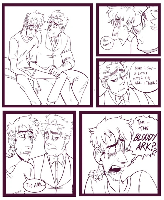 I drew this a whole year ago now OOPS, this is one of my fave bits from indieninja92's lovely good omens fic "The Grindr Logo Doesn't Even Have a 'G' In It" which is VERY NSFW so be warned. SPOILERS: this is when they finally confess how long they've loved each other 