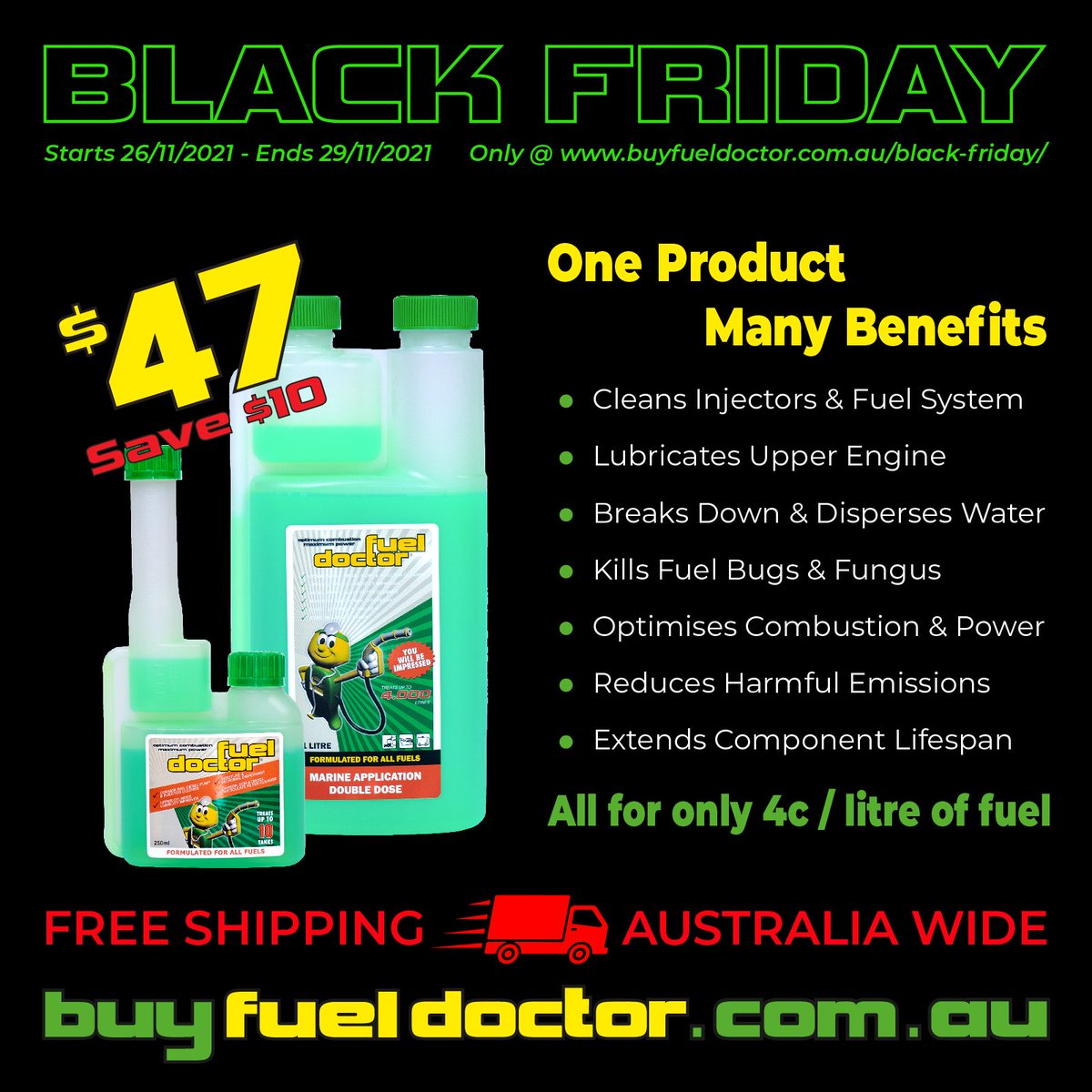 buyfueldoctor.com.au/black-friday/

250ml for hard to reach fillers. 1 Litre for shock treatments or refilling. Available until the end of sale

#fueldoctor #fuelbug #dirtyfuel #dirtydiesel #fuelstabiliser #injectorcleaner #fuelsystemcleaner #blackfriday #cybermonday #diesel #petrol