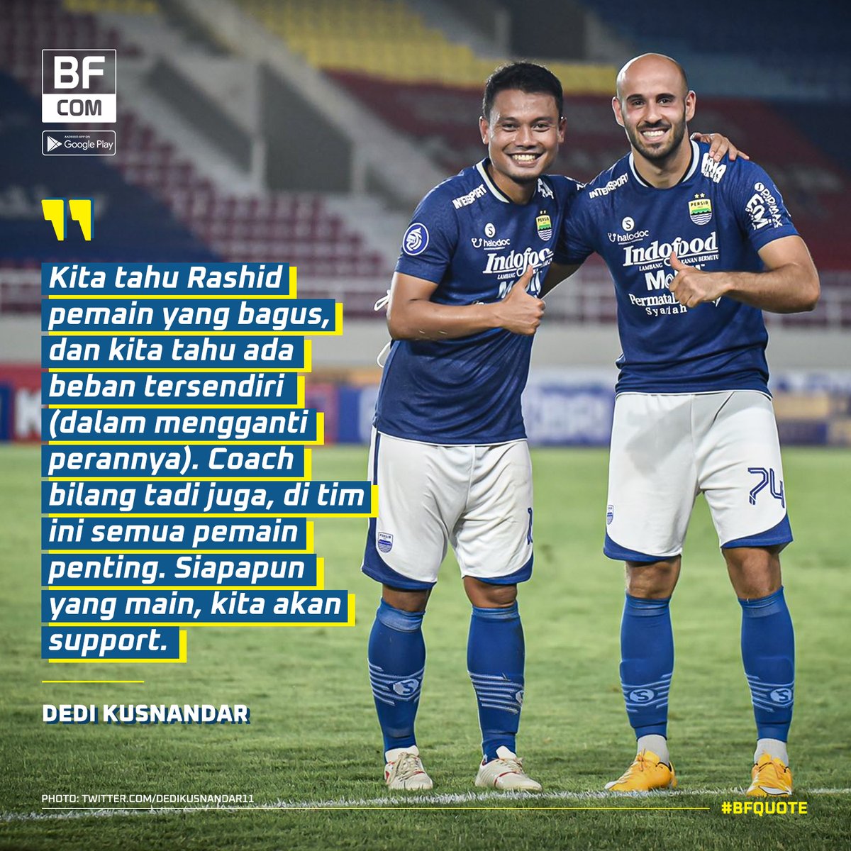 bandungfootball's tweet photo. "Siapapun yang main (gantikan Rashid) nanti, kita akan support." - Dedi Kusnandar -

Ketatnya persaingan lini tengah. Klok - Dado - Aziz - Beckham - Syafril. Siapa isi lini tengah di sisa seri ketiga ini?

#BFQuote #Persib #PersibBandung #BandungFootball #BFCOM https://t.co/NEHs3WIbkD