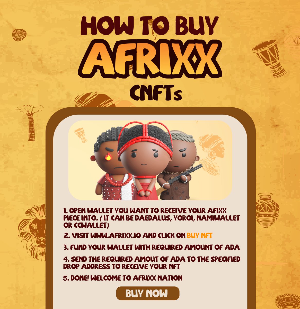 Afrixxio's tweet photo. First time minting #CNFTs? Here's a quick guide to getting your #Afrixx 🦁

For the full version, please visit https://t.co/JJwI73VlpV 

#Art #ImmutableHistory #Africa🌐 #NFTLAUNCH https://t.co/Vb6VN6Mztv