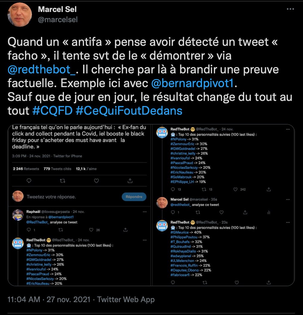 marcelsel's tweet photo. 1. Le tweet ci dessous a été supprimé suite à une remarque pertinente de @RedTheBot_ (et
@FabienGelenne et qqs autres) : je lui avais en fait demandé d'analyser les likes… de son propre résultat🤯😱🤣. Je reformule. #minifil https://t.co/vhgyDJV5hR