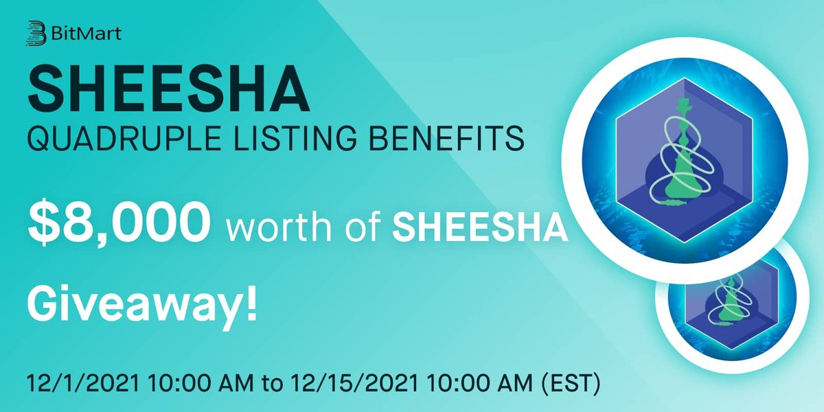 BitMartExchange's tweet photo. 🎊To celebrate Sheesha Finance (SHEESHA) will be primarily listed on Nov 30, 2021! We are offering $8,000 worth of SHEESHA in rewards for Welcome Bonus, Twitter Airdrop, Telegram Airdrop, Buy &amp; Earn Events, exclusive to BitMart users.

👉Details: https://t.co/HL9wTSULhM https://t.co/YZp70uNXmI
