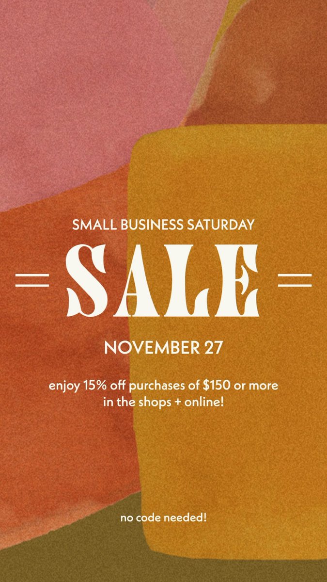 CELEBRATE + SUPPORT small businesses every day! 💓 Today we join 1000s of small businesses to raise awareness about the importance of where your spend your dollars + say thank you. ✨ Enjoy 15% off purchases of $150 or more today online + in the shops. shopsaltandsundry.com